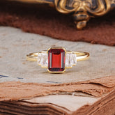 Emerald Cut Baguette Side Stones Garnet Engagement  Ring